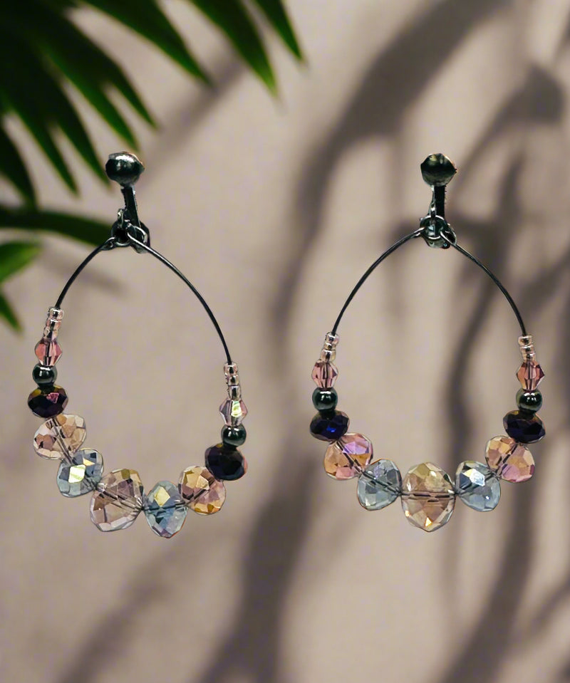 Clip on 2 1/4" gold, pink and green stone dangle white pearl earrings