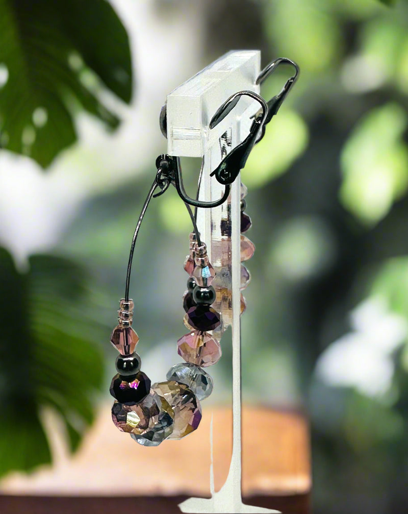 Clip on 2 1/4" gunmetal wire and multi colored bead dangle hoop earrings