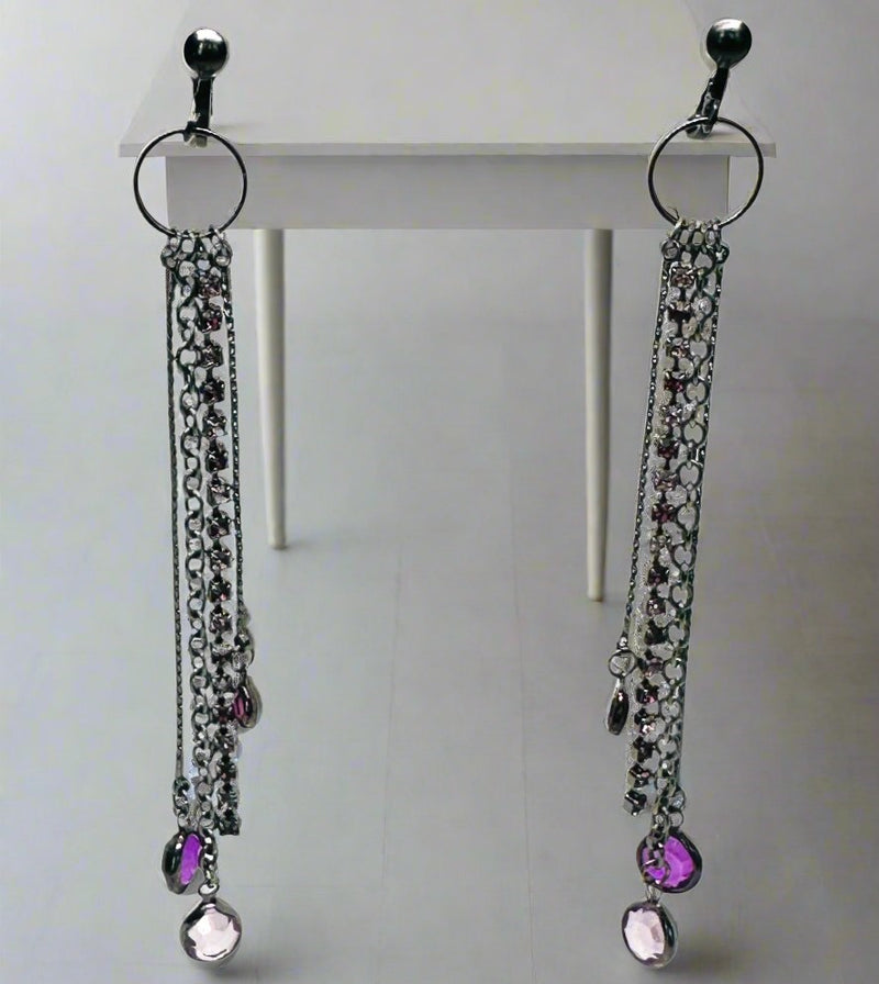 Clip on 3 3/4" long gunmetal multi chain earrings with purple stones