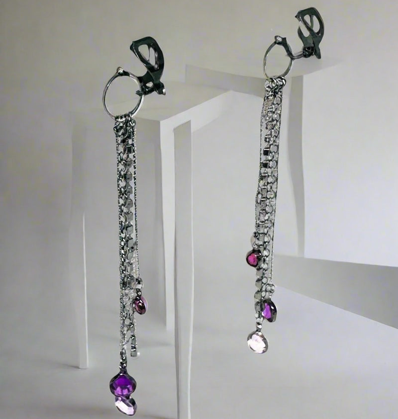 Clip on 3 3/4" long gunmetal multi chain earrings with purple stones