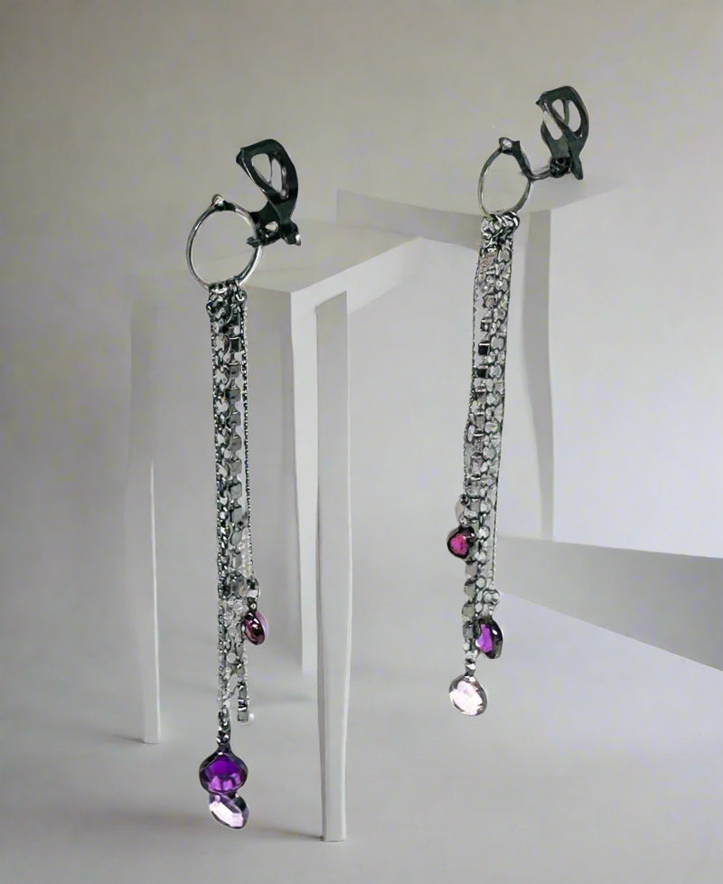 Clip on 3 3/4" long gunmetal multi chain earrings with purple stones