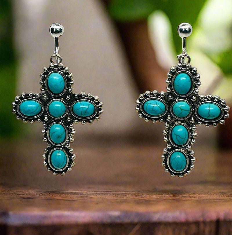 Clip on 2 1/2" silver and turquoise stone round edge dangle cross earrings