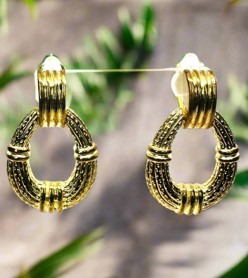 Clip on 2" gold indented dangle door knob hoop earrings