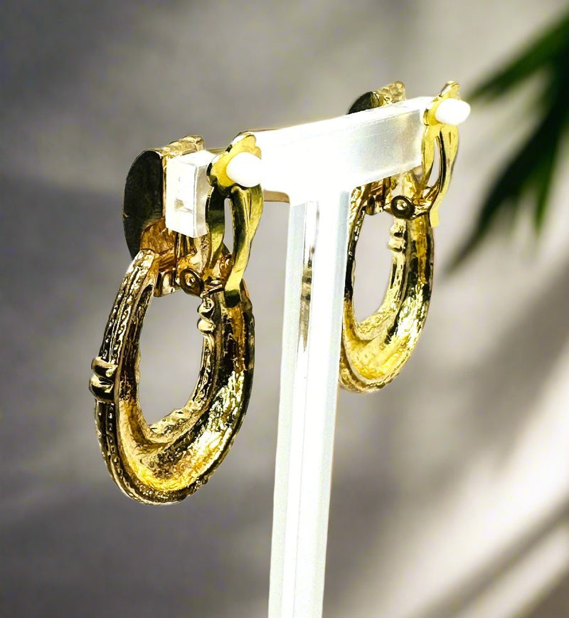 Clip on 2" gold indented dangle door knob hoop earrings