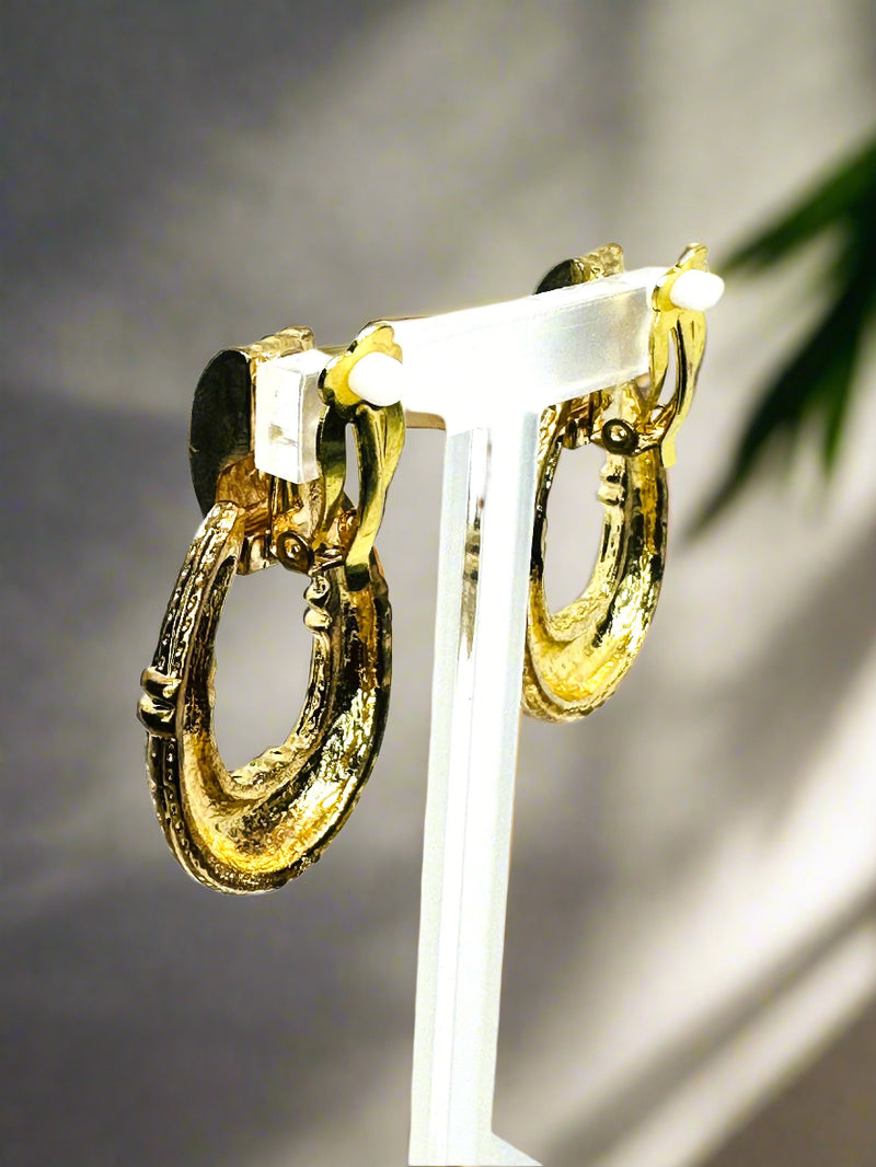 Clip on 2" gold indented dangle door knob hoop earrings