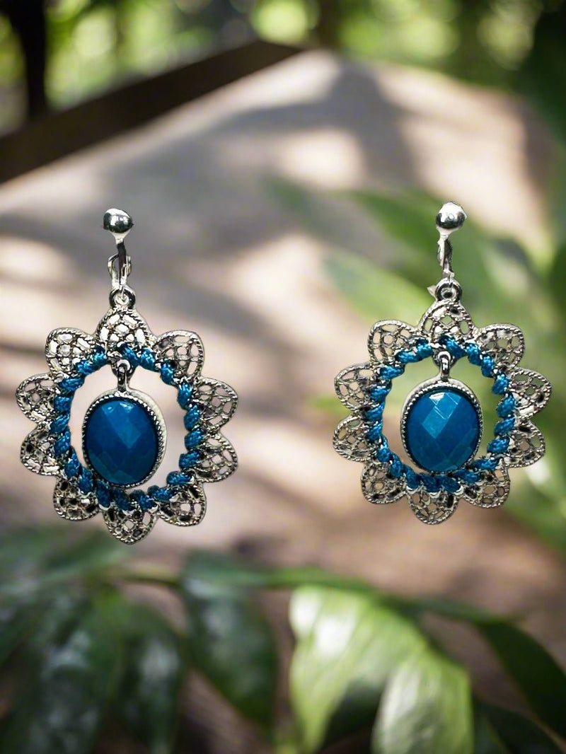 Clip on 2" silver, blue stone and thread dangle cutout earrings