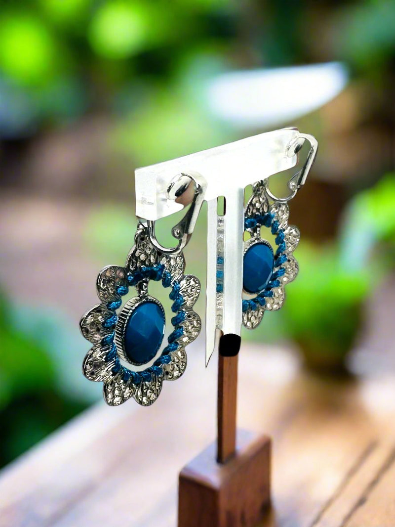 Clip on 2" silver, blue stone and thread dangle cutout earrings