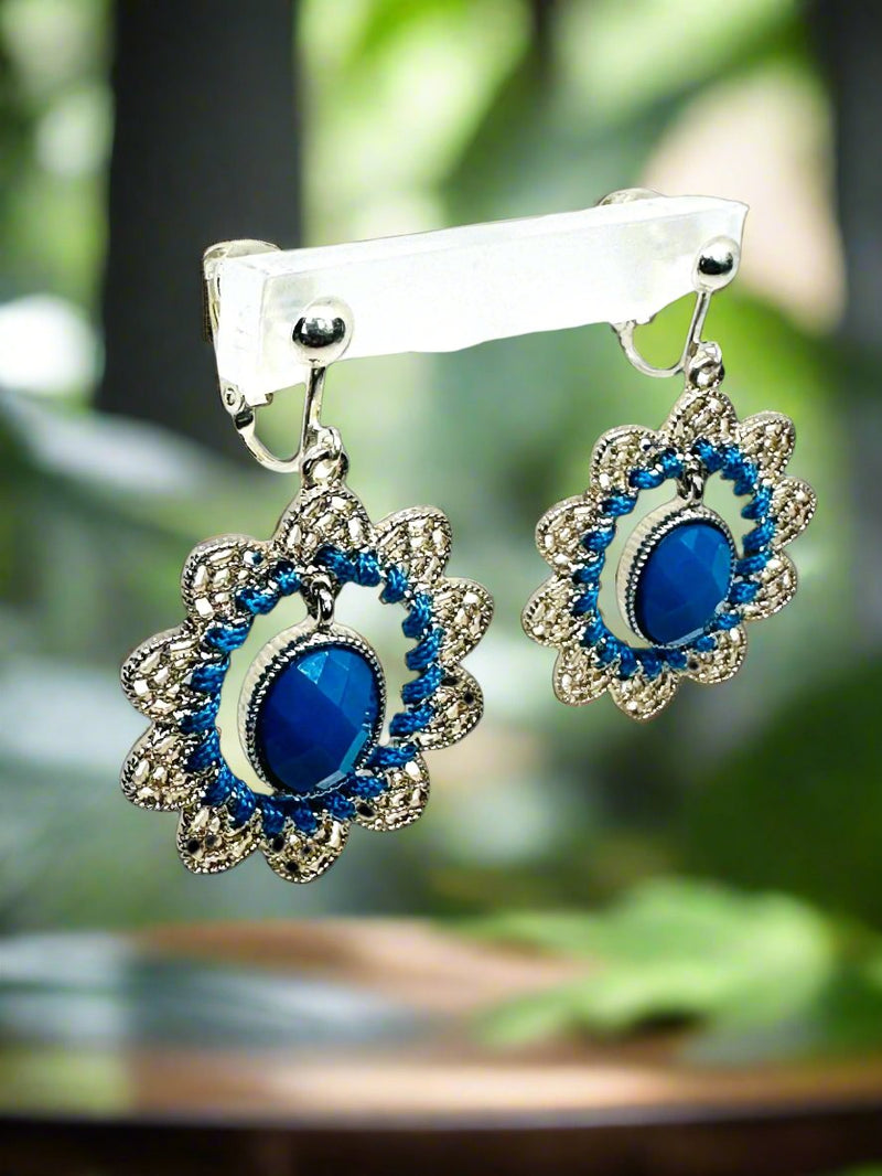 Clip on 2" silver, blue stone and thread dangle cutout earrings