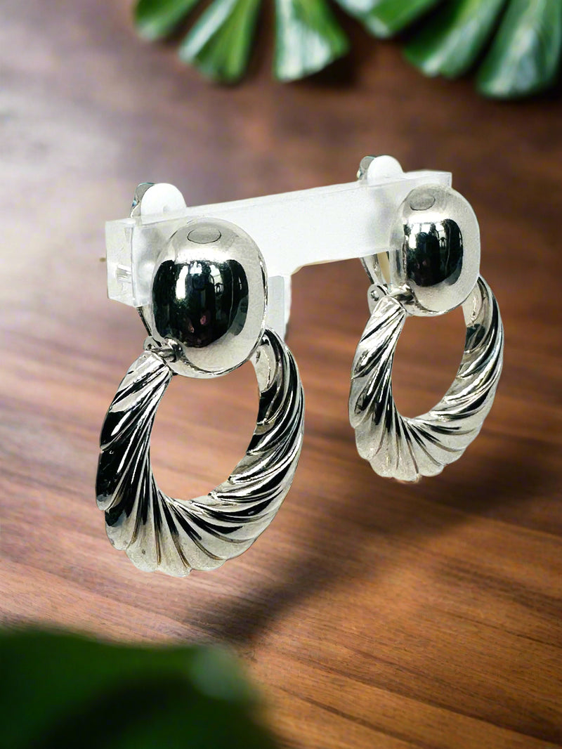 Clip on 1 3/4" matte silver dangle black painted hammered dangle hoop earrings