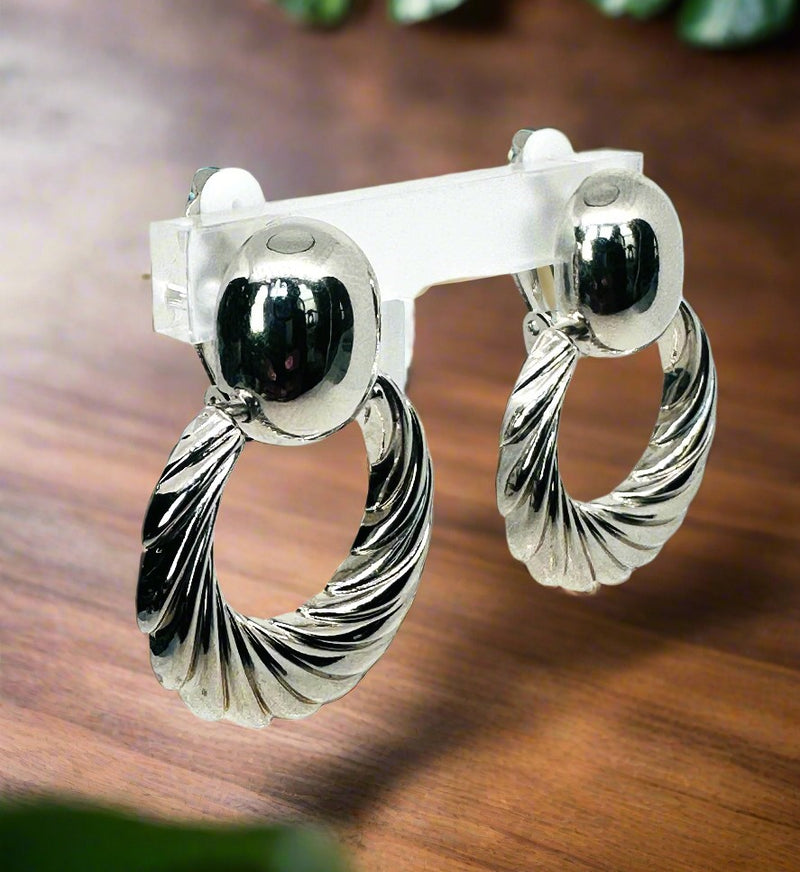 Clip on 1 3/4" silver indented door knob style dangle hoop earrings