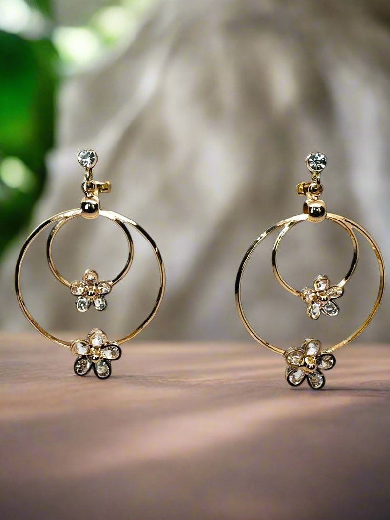 Clip on 2" gold double hoop and clear stone dangle flower earrings