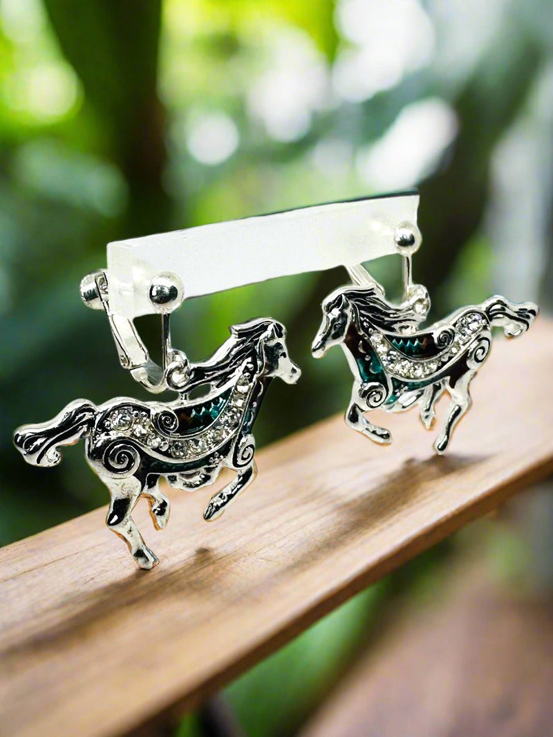 Clip on 1 1/2" silver, brown & turquoise horse earrings w/clear stones