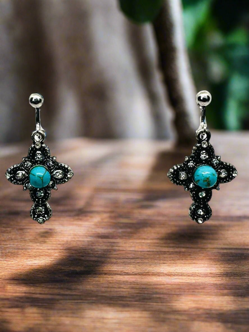 Clip on 1 3/4" silver, turquoise and clear stone dangle cross earrings