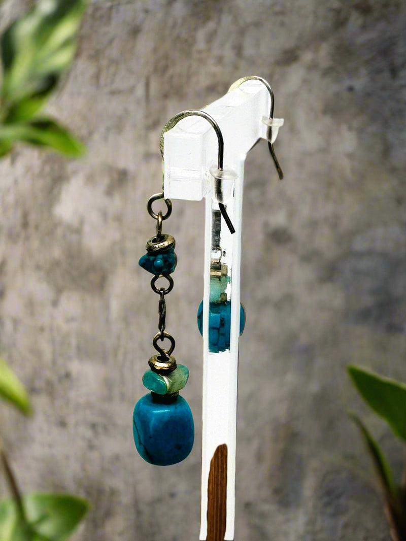 Pierced 2 1/4" silver and turquoise odd shaped bead earrings