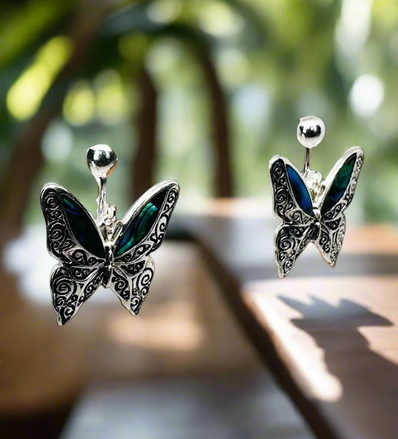 Clip on 1 1/4" silver and green marble stone butterfly dangle earrings