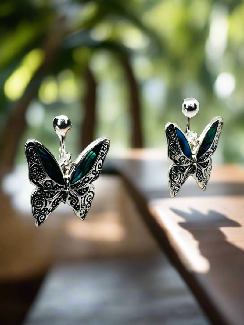 Clip on 1 1/4" silver and green marble stone butterfly dangle earrings