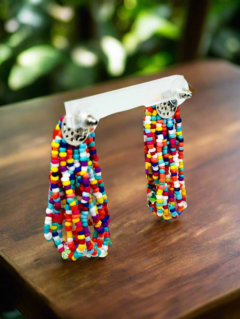 Pierced 2 1/4" silver and multi colored seed bead dangle cluster earrings