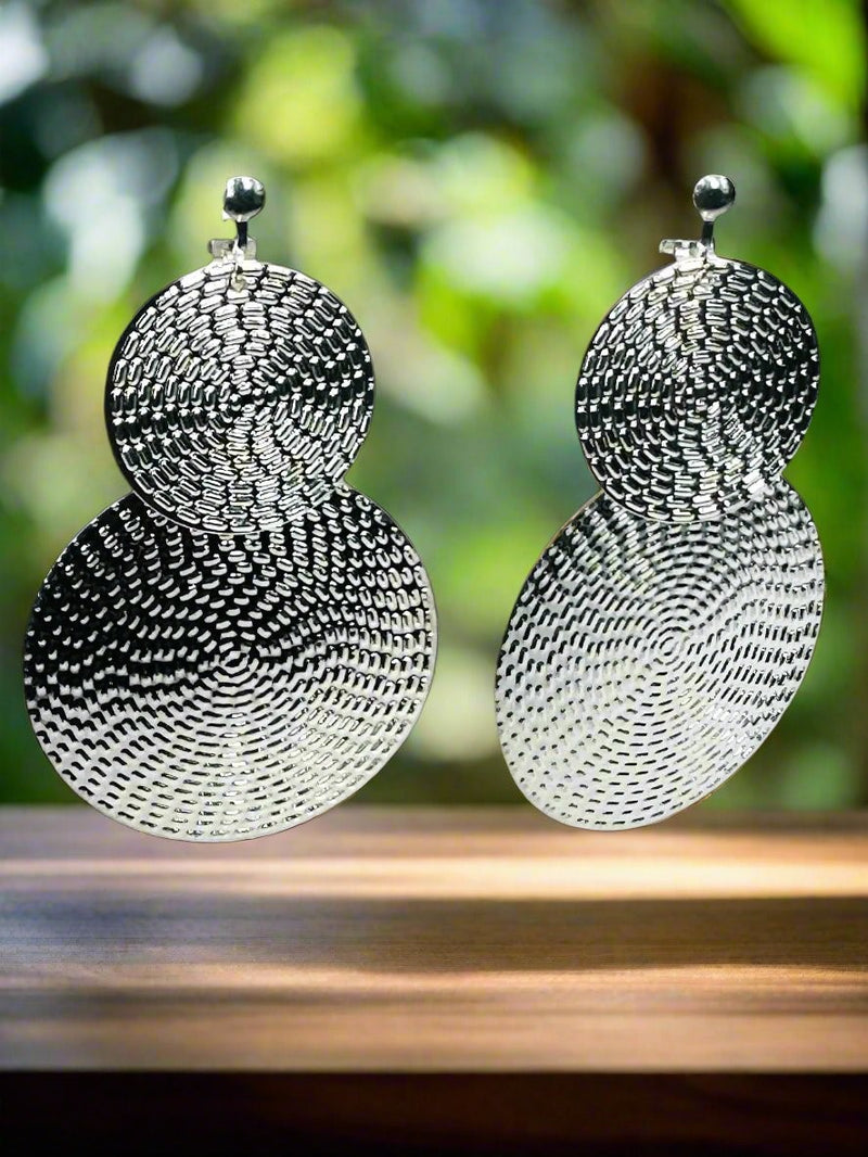 Clip on 2 3/4" silver lightweight textured double circle dangle earrings