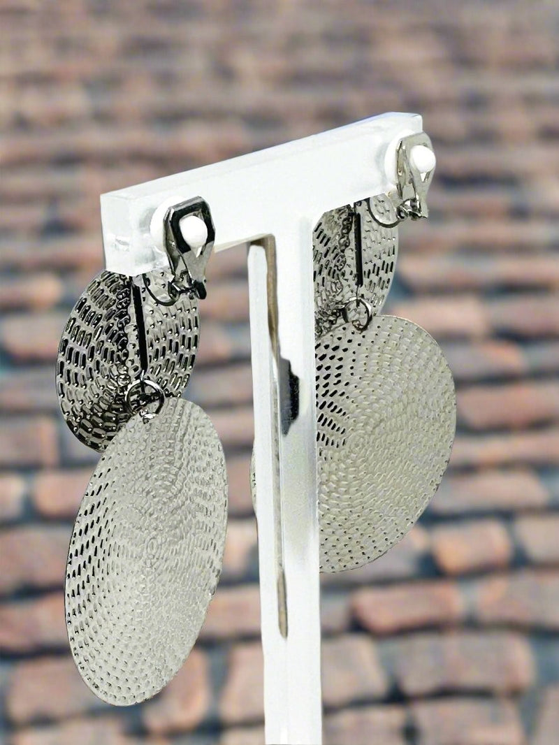 Clip on 2 3/4" silver lightweight textured double circle dangle earrings