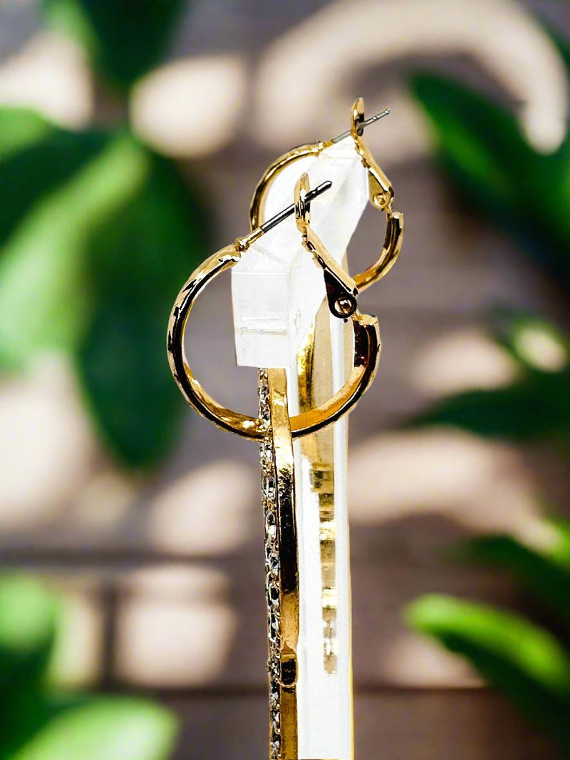 Pierced 3" gold hoop and clear stone dangle key earrings