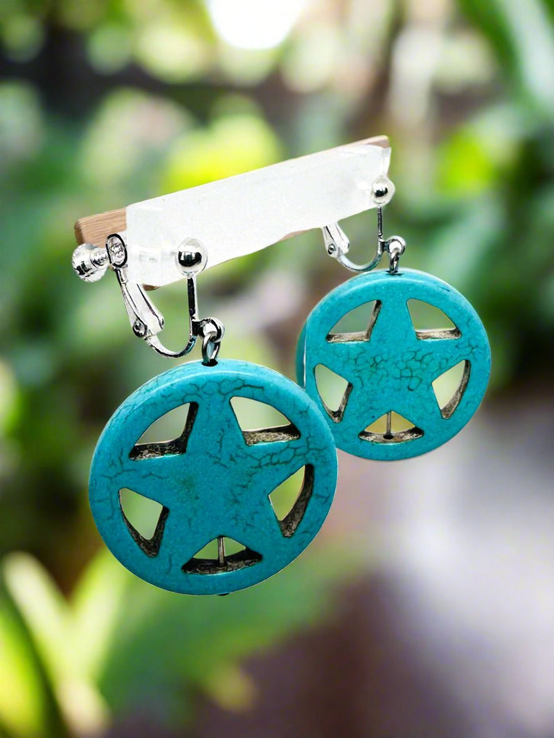 Western 2" clip on silver and turquoise cutout star circle dangle earrings