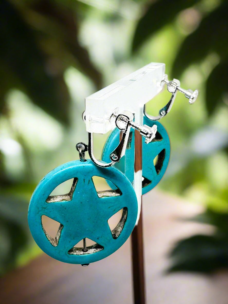 Western 2" clip on silver and turquoise cutout star circle dangle earrings