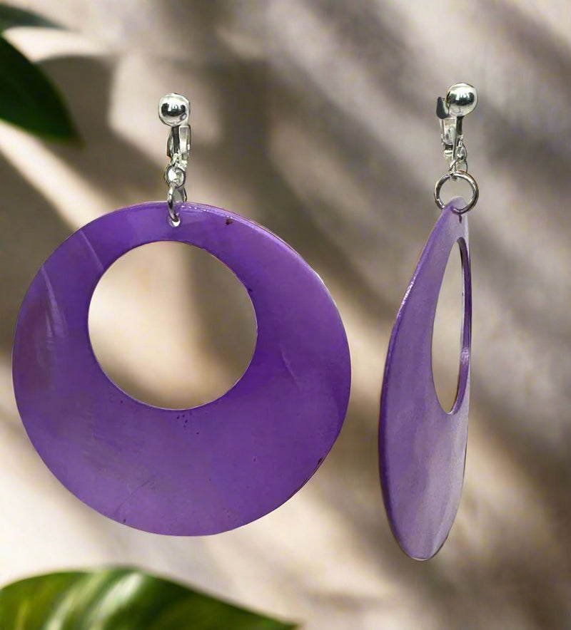 Clip on 3" silver and purple shell wide hoop dangle earrings