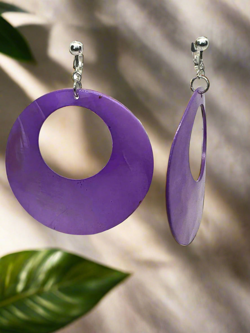 Clip on 3" silver and purple shell wide hoop dangle earrings