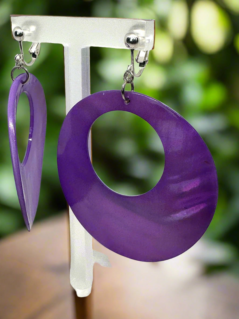 Clip on 3" silver and purple shell wide hoop dangle earrings