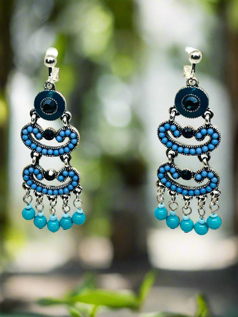 Clip on 2 1/2" silver, blue and turquoise dangle bead earrings