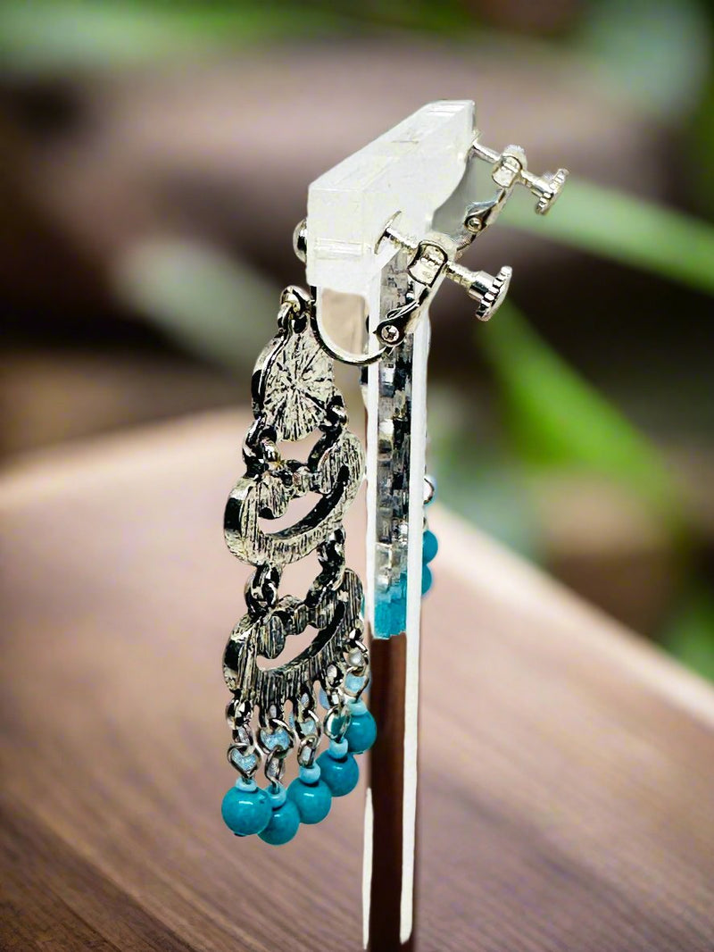 Clip on 2 1/2" silver, blue and turquoise dangle bead earrings