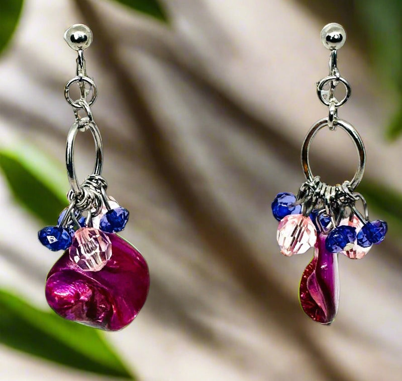 Clip on 2 1/4" silver, purple and pink odd shaped dangle bead earrings