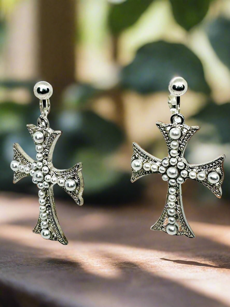 Clip on 2 1/4" silver and white pearl dangle straight edge cross earrings