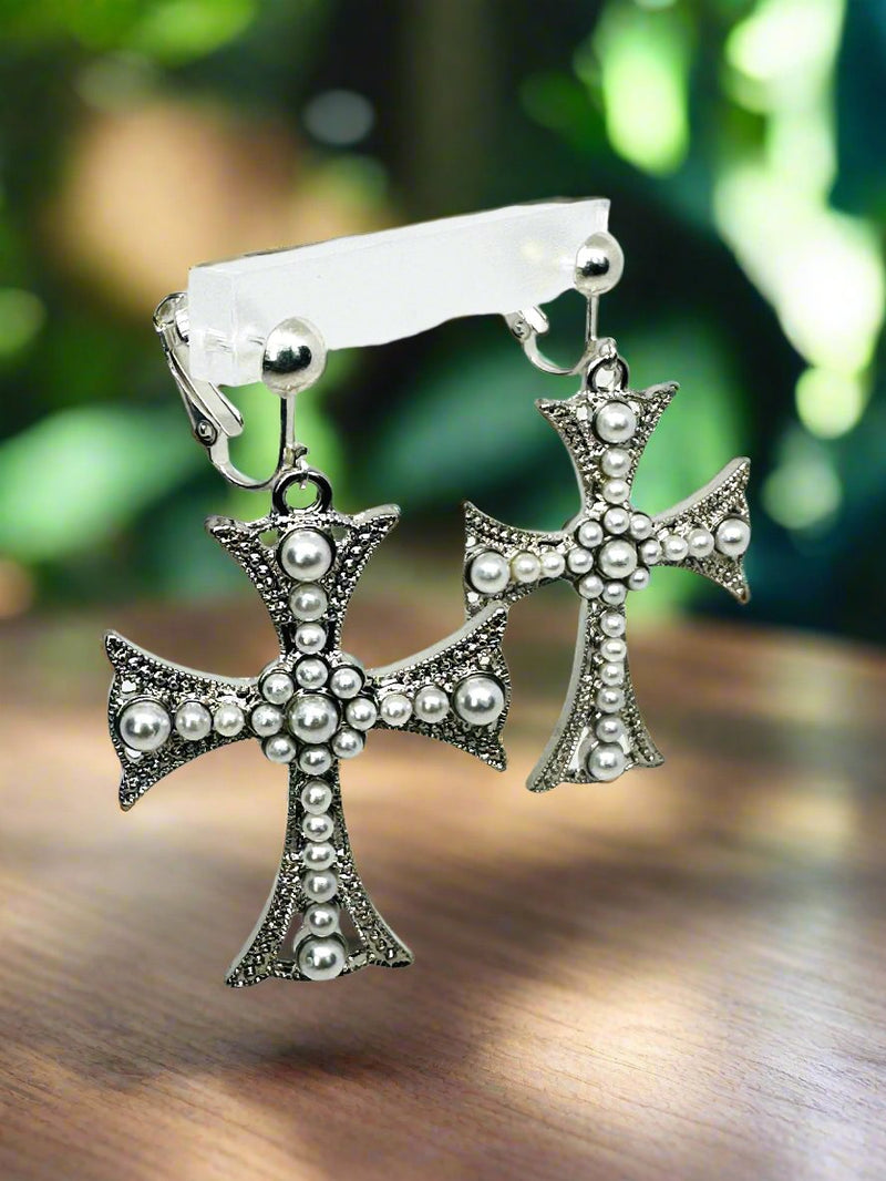 Clip on 2 1/4" silver and white pearl dangle straight edge cross earrings