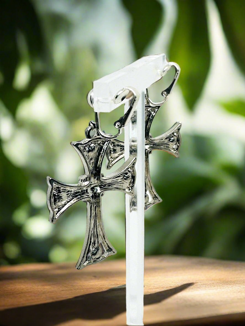 Clip on 2 1/4" silver and white pearl dangle straight edge cross earrings