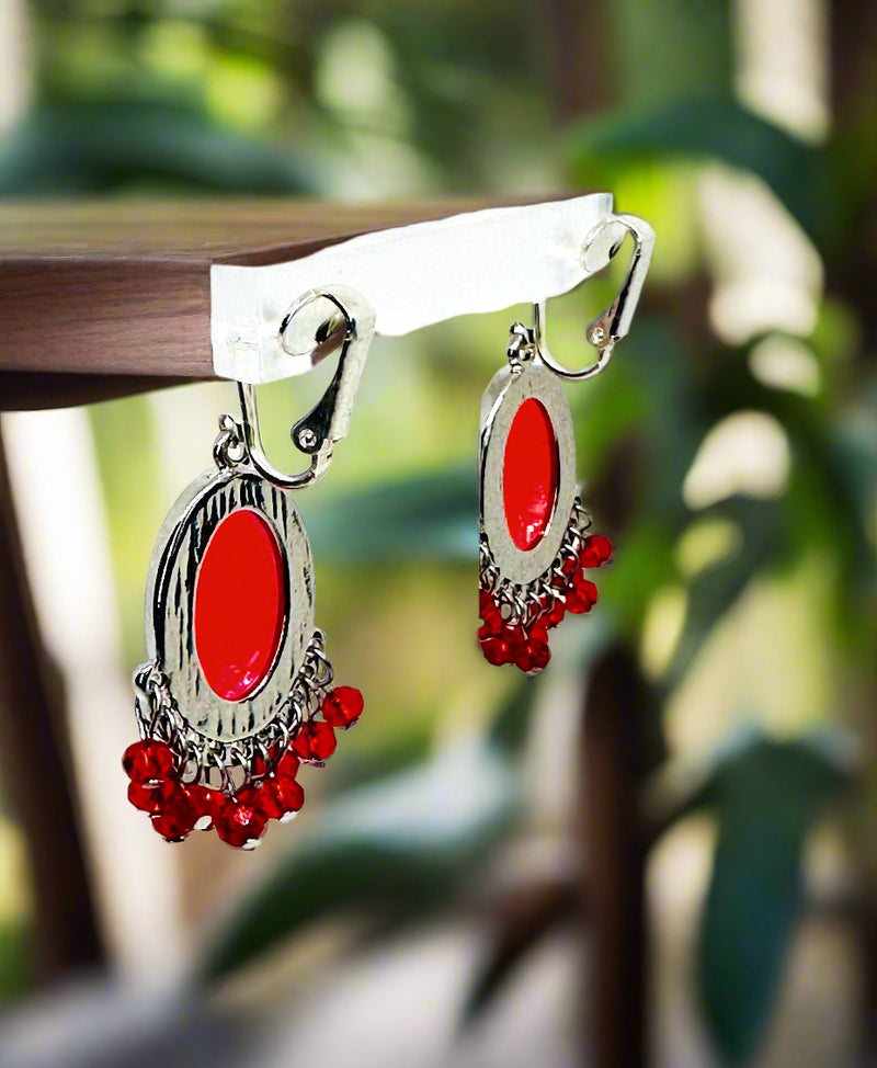 Clip on 2" silver and red nacre stone earrings with red dangle beads