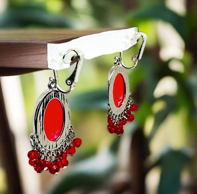 Clip on 2" silver and red nacre stone earrings with red dangle beads