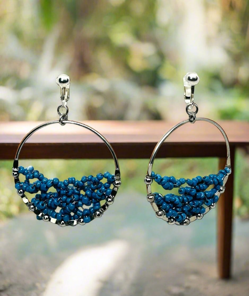 Clip on 2 1/4" silver and blue seed bead dangle circle earrings