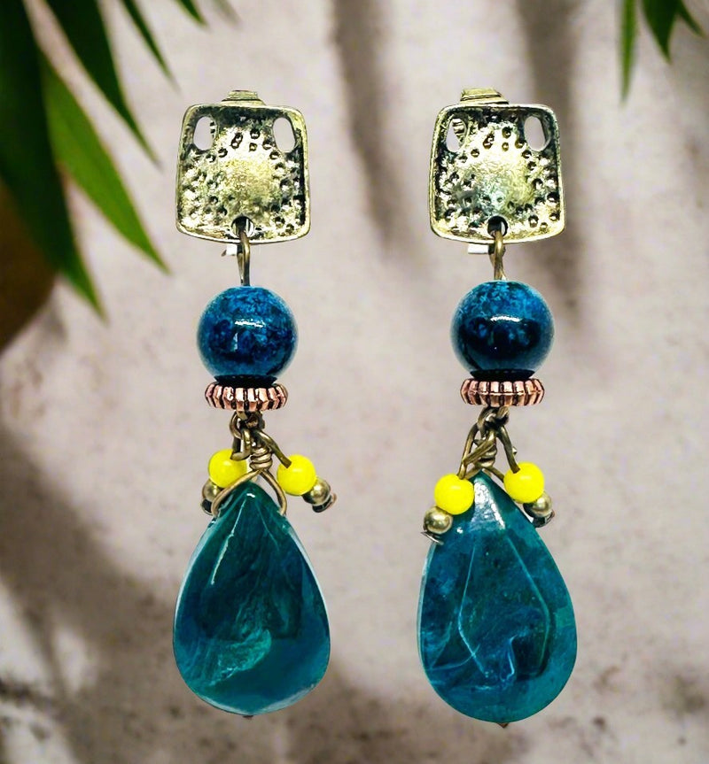 Clip on 2 1/2" gold, teal and yellow bead dangle earrings