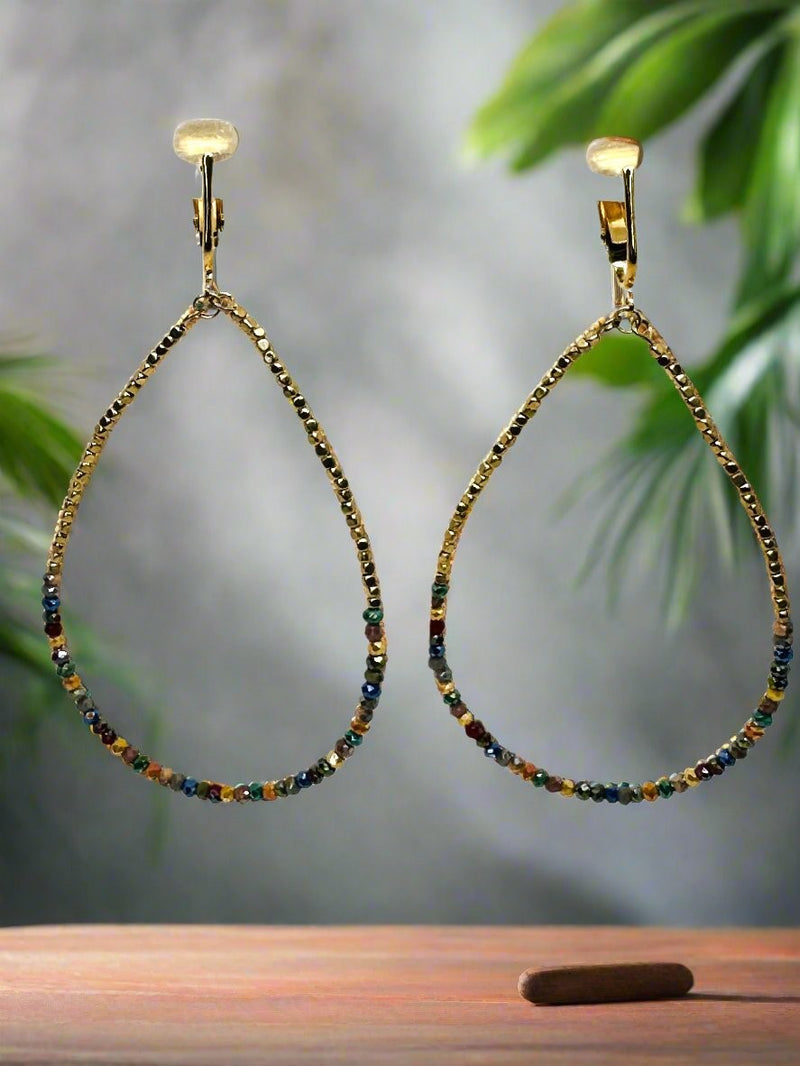 Clip on 3 1/4" large gold wire teardrop earrings with multi colored sparkle beads