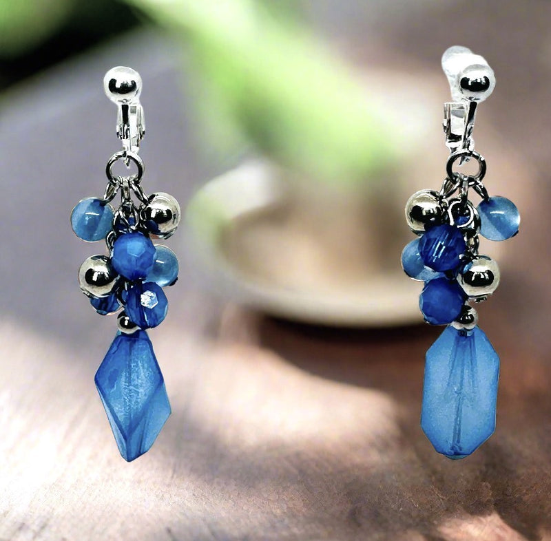 Clip on 2 1/4" silver and blue dangle customer bead earrings