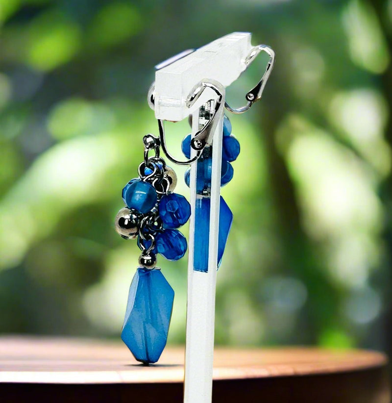 Clip on 2 1/4" silver and blue dangle customer bead earrings