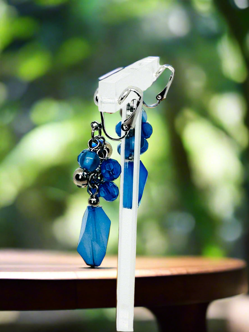 Clip on 2 1/4" silver and blue dangle customer bead earrings