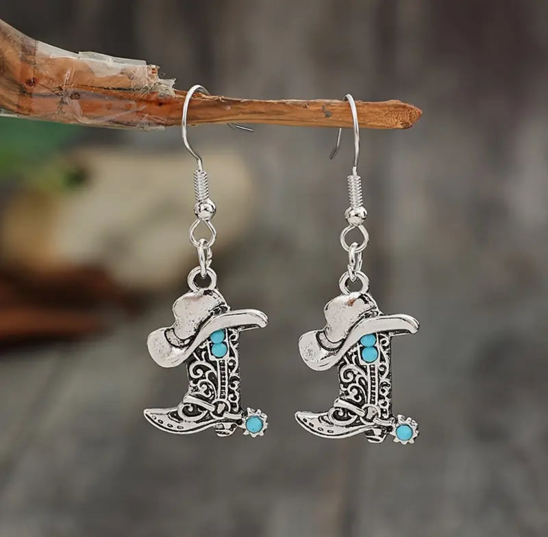 Western 1 3/4" pierced silver and turquoise bead hat-boot earrings