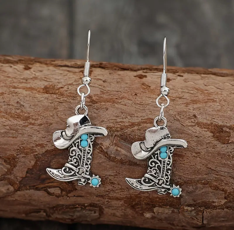 Western 1 3/4" pierced silver and turquoise bead hat-boot earrings