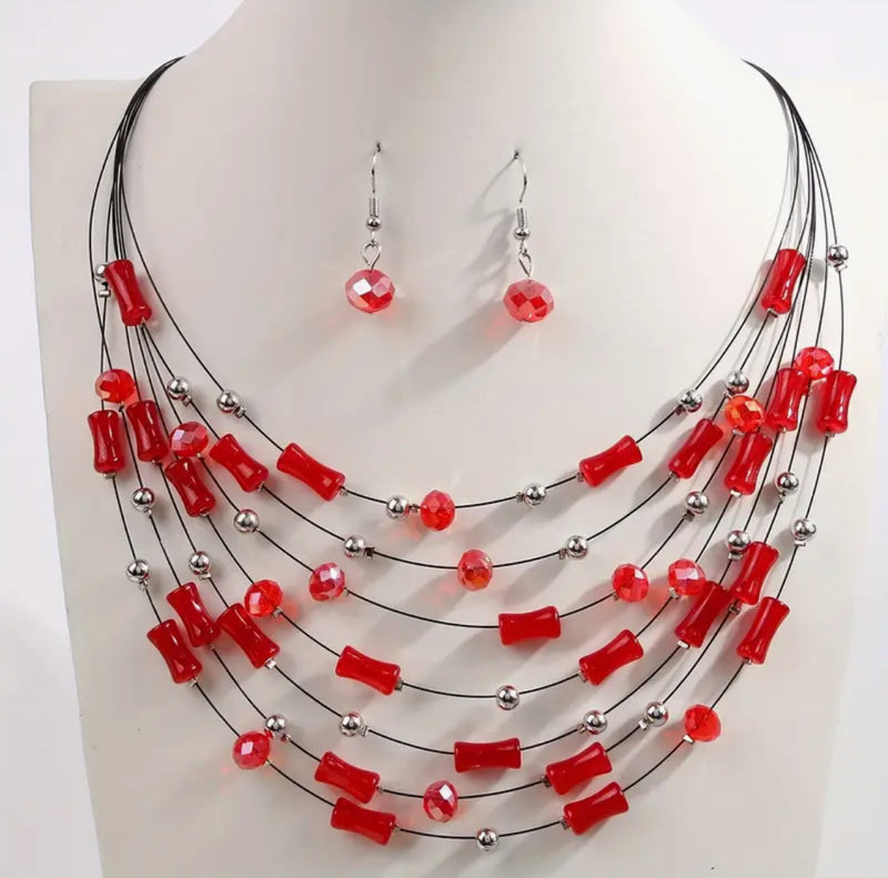 Clip on gold and pink multi colored five strand pearl beaded necklace set