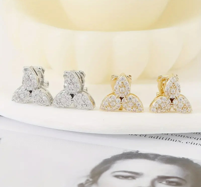 Clip on 1/2" small silver and small clear stone pointed button style earrings