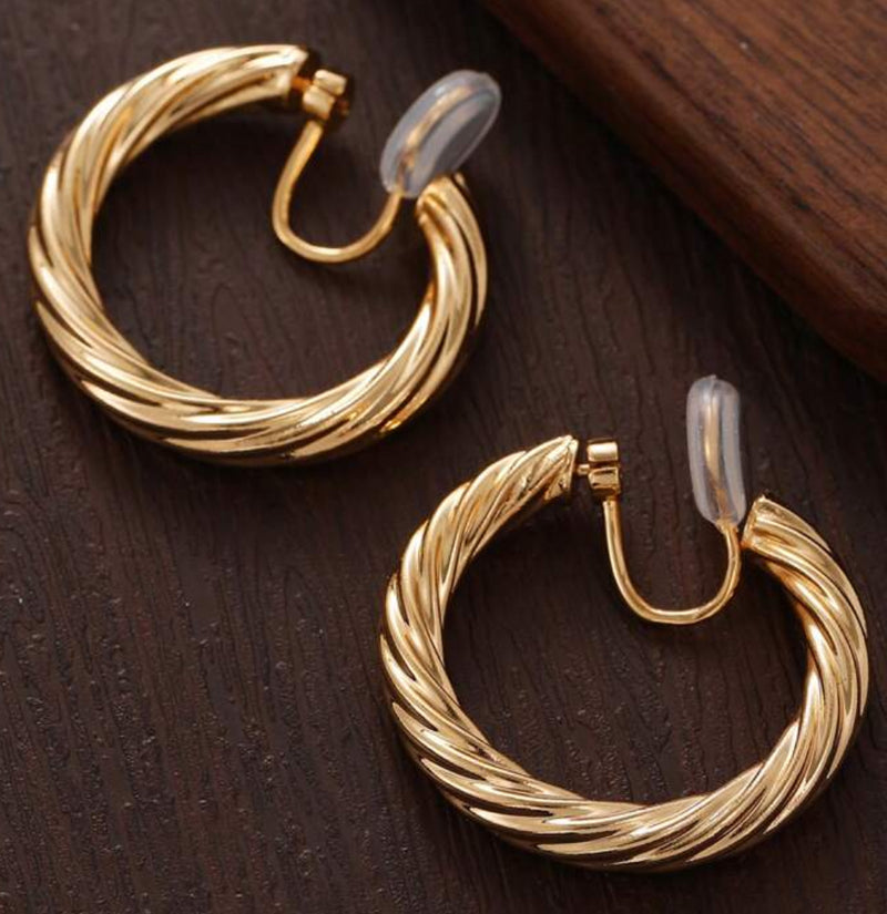 Clip on 1 1/4" comfort fit gold dangle twisted open back hoop earrings