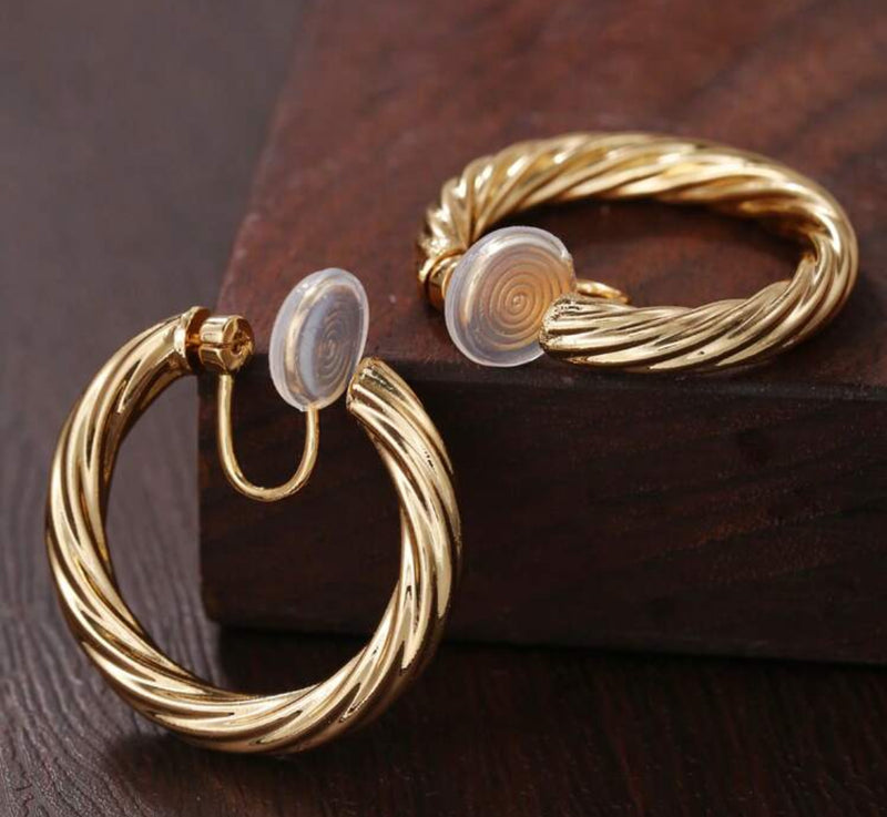 Clip on 1 1/4" comfort fit gold dangle twisted open back hoop earrings