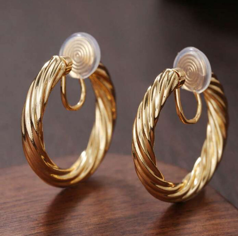 Clip on 1 1/4" comfort fit gold dangle twisted open back hoop earrings